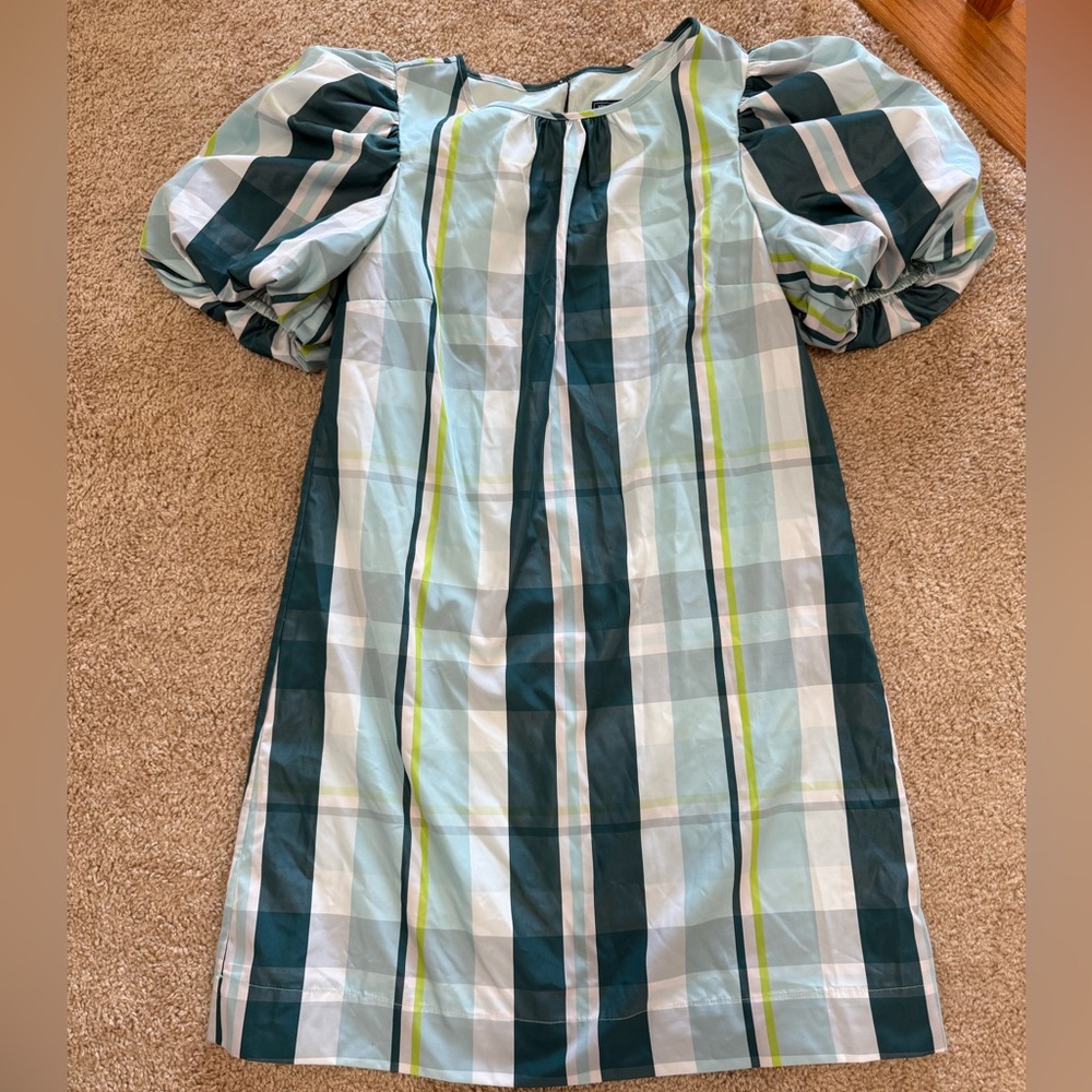 NWOT Sue Plaid Puff Sleeve Shift Dress- Aqua Haze